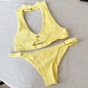 Beach Bunny Yellow Ribbed 2 Piece Bikini Set High Neck Cut Out